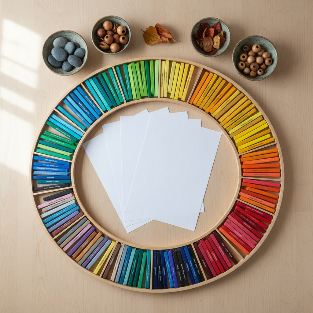 An overhead photographic view of an art therapy table prepared for a session focused on emotions, laid out on a smooth, pale beech surface. Several blank heavy-weight sheets of paper are fanned out, surrounded by organized trays of soft pastels arranged in a spectrum from cool blues and greens to intense reds and oranges. Small ceramic dishes hold natural objects like smooth river stones, dried leaves, and wooden beads to encourage sensory exploration. Soft, even daylight from a nearby window bathes the scene, minimizing harsh shadows and allowing colors to appear rich and true. The composition is a clean, balanced flat lay with sharp focus across the entire frame, creating a calm, inviting mood that feels both creative and professionally guided, ideal for illustrating the gentle structure of art therapy sessions.